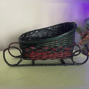 Wicker Sleigh Basket Decor Red Green Santa Holiday Storage Painted Wood